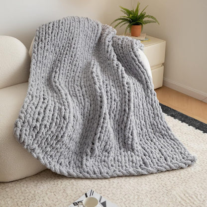 WESHIONGOO Chunky Knit Blanket Throw 50"×60" Knitted Throw Blankets for Couch Bed Fluffy Soft Blanket with Jumbo Chenille Yarn Thick 100% Handmade (Lingt Grey)