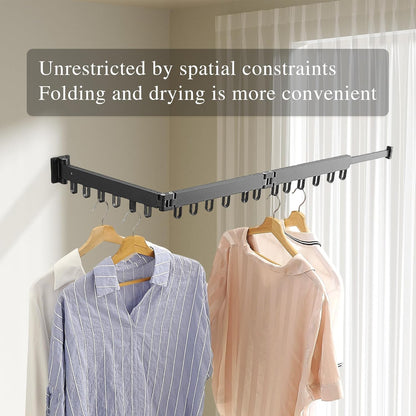 Clothes Drying Rack Wall Mounted, Laundry Drying Rack Collapsible, Space Saving Wall Drying Rack Clothing Foldable, Tri-Fold Retractable Rack Outdoor Indoor with 18 Hooks(Black，Loop-Shape Hooks)