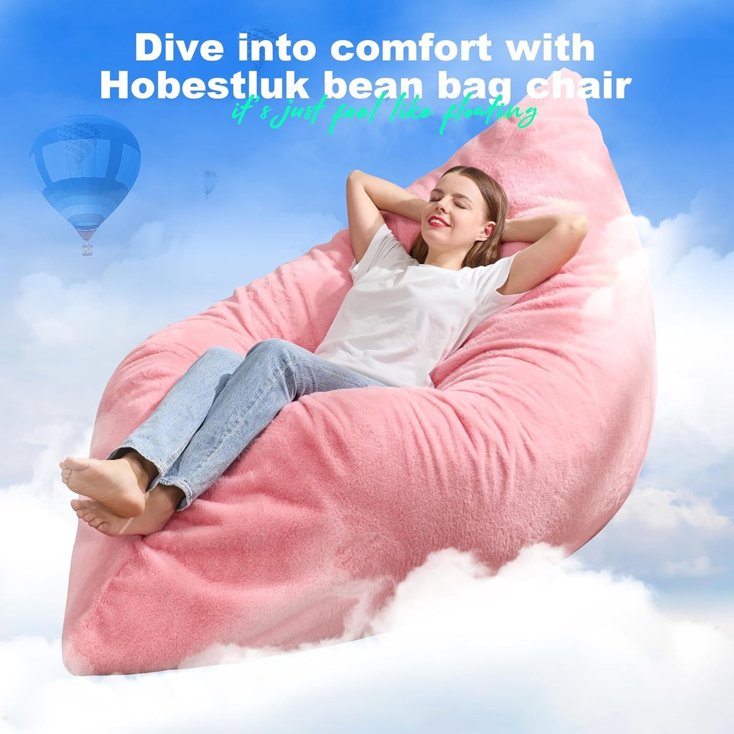 Hobestluk 3 in 1 Bean Bag Chair Giant Bean Bag Chairs for Adults with Chevron Plush Fur Cover Convertible Bean Bag Floor Cushion with Machine Washable Cover for Living Room (Plush Pink)