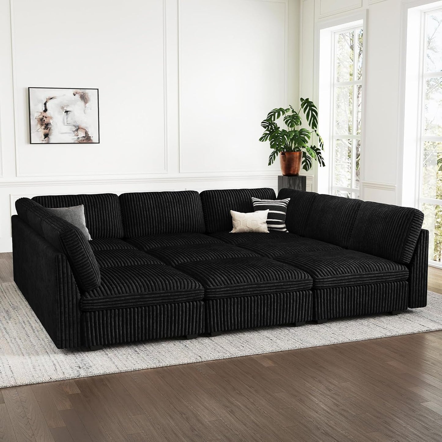 Belffin Modular Sectional Sofa with Sleeper Sofa, Oversized Cloud Couch with Extra Deep Seat, Upholstered 9 Seat Sectional Couches for Living Room, Plush Corduroy Black