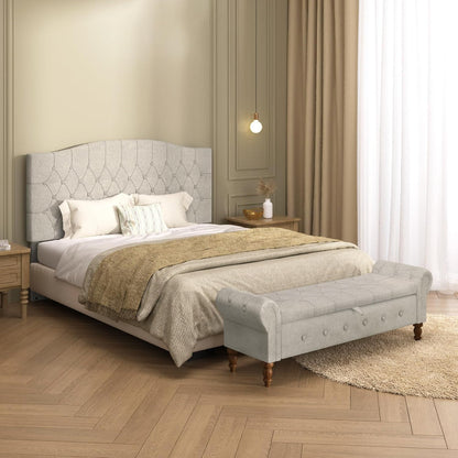 Storage Ottoman Bench for Bedroom, Linen 52" End of Bed Bench with Rolled Arms Upholstered Ottoman Bench Fit for Bedroom, Living Room, Entryway, Linen Gray