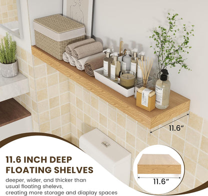 12 Inch Deep Floating Shelves for Wall, 48W x 12D Rustic Oak Wood Floating Shelves, Large Floating Shelves Set of 1 for Living Room Bathroom Laundry Room Bedroom Kitchen Home Office - Oak