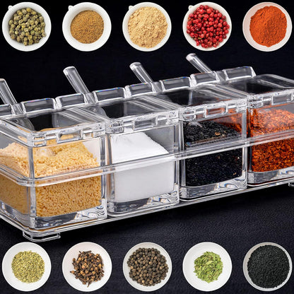 4 PCS Seasoning Box, Clear Spice Containers with Spoon, Acrylic Toppings Containers with Lids, Kitchen Multi Spice Box for Salt, Sugar, Pepper, Garlic Powder