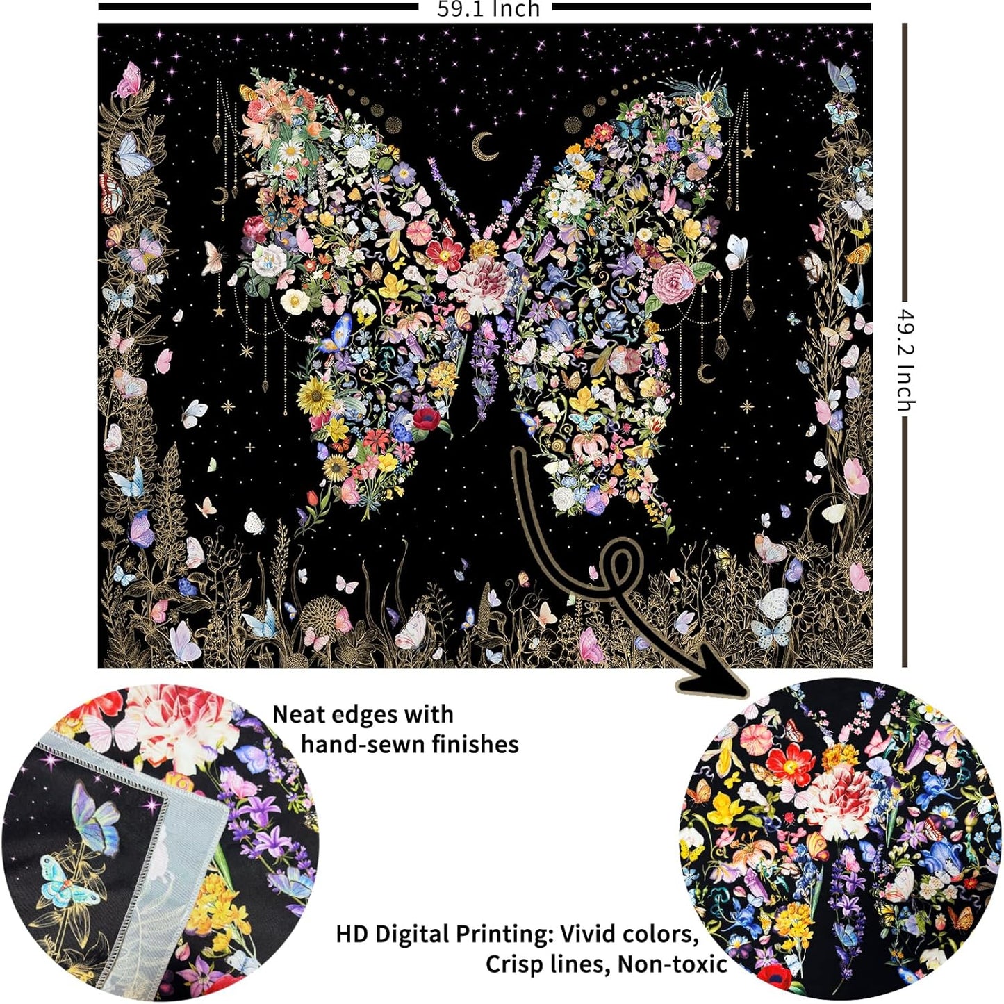 Damanse Butterfly Tapestry Wall Hanging Cute,Boho Wall Tapestry for Bedroom Aesthetic,Flower Living Room Decor for Teen Girls (Black, 49.20" x 59.10")