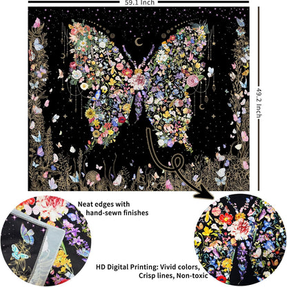 Damanse Butterfly Tapestry Wall Hanging Cute,Boho Wall Tapestry for Bedroom Aesthetic,Flower Living Room Decor for Teen Girls (Black, 49.20" x 59.10")