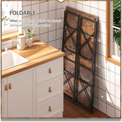 4NM 4 Tiers No Assembly Book Shelves, 41.3" H Folding Bookshelf Bookcase Open Industrial Foldable Shelves for Bedroom, Living Room, Home Office - Rustic Brown Black