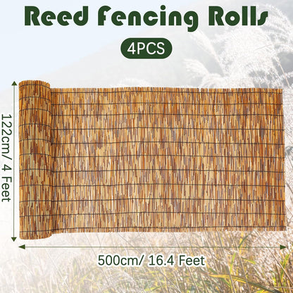 Barydat 4 Pcs 3 x 16.4 ft Bamboo Privacy Screen, Reed Fence Roller Patio Decorative Fences Reed Screen Curtain for Garden Backyard Patio Balconies