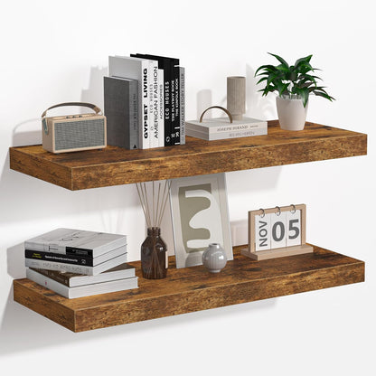 Floating Shelves - 2 Pack 9 Inch Rustic Wooden Wall Shelves - Extra Deeper & Thicker Wall Mounted Storage Shelf for Living Room, Kitchen, Farmhouse - 24" W x 9" D x 1.6" H - Rustic Brown