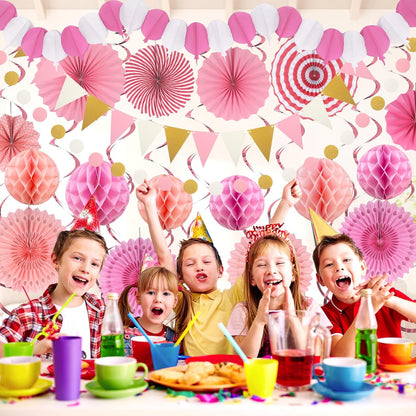 Pink Party Decorations, Easy Assembly Paper Fan Honeycomb Ball Garland Hanging Swirl Rose Red Party Supplies for Girl Women Birthday Bridal Shower Baby Shower Party Decorations