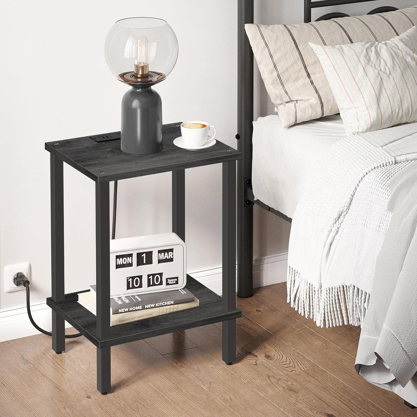 TUTOTAK End Table with Charging Station, Set of 2, Small Side Table, Nightstand Bedside Table, 2-Tier Storage Shelf for Small Space, Living Room, Bedroom Charcoal Grey TB01BY041