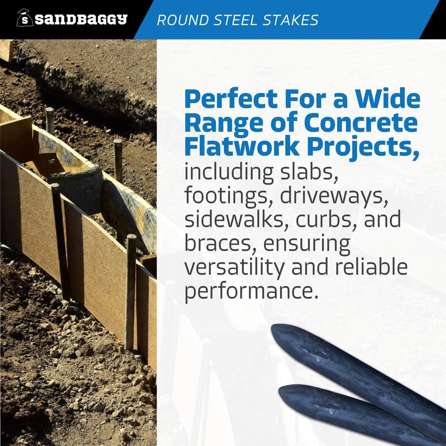 Sandbaggy Round Steel Concrete Form Stakes with Nail Holes - Rust Resistant Coating - Removable, Reusable (10, 3/4 in X 12 in)