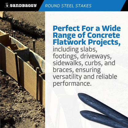 Sandbaggy Round Steel Concrete Form Stakes with Nail Holes - Rust Resistant Coating - Removable, Reusable (10, 3/4 in X 12 in)