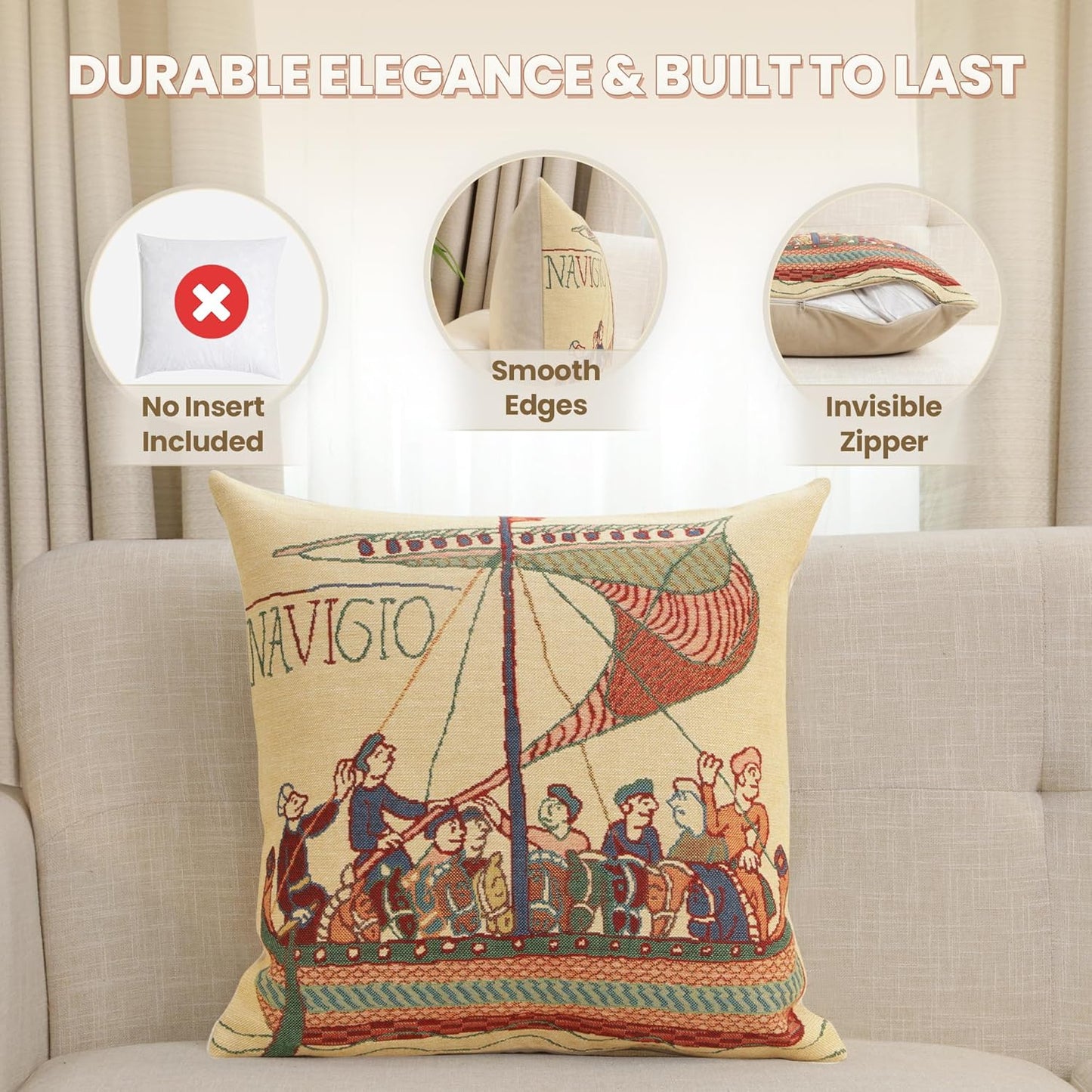 Charlotte Home Furnishings Bayeux Navigo Throw Pillow Cover 16" x 16" – Medieval Ship Decorative Tapestry Cushion Case for Sofa, Couch, & Bed | Cotton Jacquard Woven in Europe | Insert Not Included