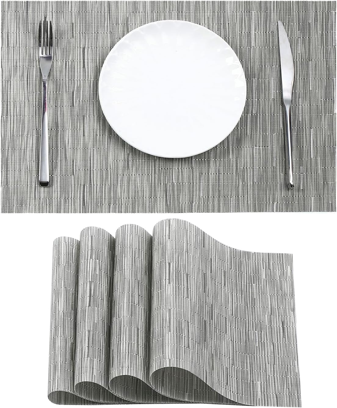 Leetaltree Silver Placemats Set of 4 - Heat Resistant Non-Slip Place mats for Dining Table, Washable Durable PVC Vinyl Woven Table Mats（Silver, 4）