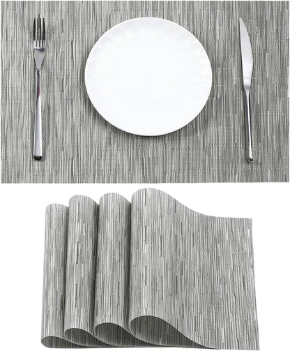 Leetaltree Silver Placemats Set of 4 - Heat Resistant Non-Slip Place mats for Dining Table, Washable Durable PVC Vinyl Woven Table Mats（Silver, 4）
