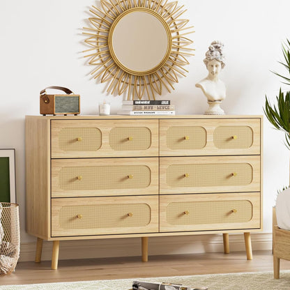 SINROM® Rattan Dresser for Bedroom, Modern 6 Drawer Dresser with Gold Handles, Wood Storage Chest of Drawers for Bedroom, Living Room, Hallway and Entryway, Natural