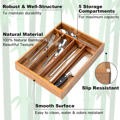 Silverware Organizer Kitchen Drawer Organizer Utensil Organizer Acacia Silverware Holder Cutlery Organizer in Drawer Flatware Organizer Tray(5 slots, Acacia