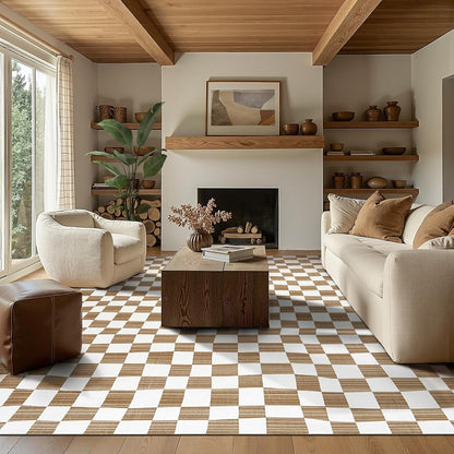 jinchan 8x10 Brown Checkered Area Rugs for Kids Room - Machine Washable Rug Modern Neutral Geometric Lattice Soft Non-Slip Carpet for Nursery Playroom Classroom Living Room Bedroom Dining Room