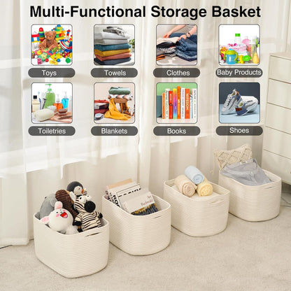 Storage Baskets for Organizing & Shelves, Woven Cotton Rope Organization Bins for Dog Toys, Clothes, Books, Nursery Organizer, 15" Lx11''Wx9.5''H, (4 Packs) Off White