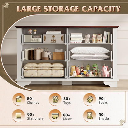 WLIVE Farmhouse Dresser for Bedroom, 51.97'' Wide Wood White Dresser with 6 Drawer, Chest of Drawers with Roman Metal Handle, TV Stand for 60 inch TV, for Living Room, Hallway