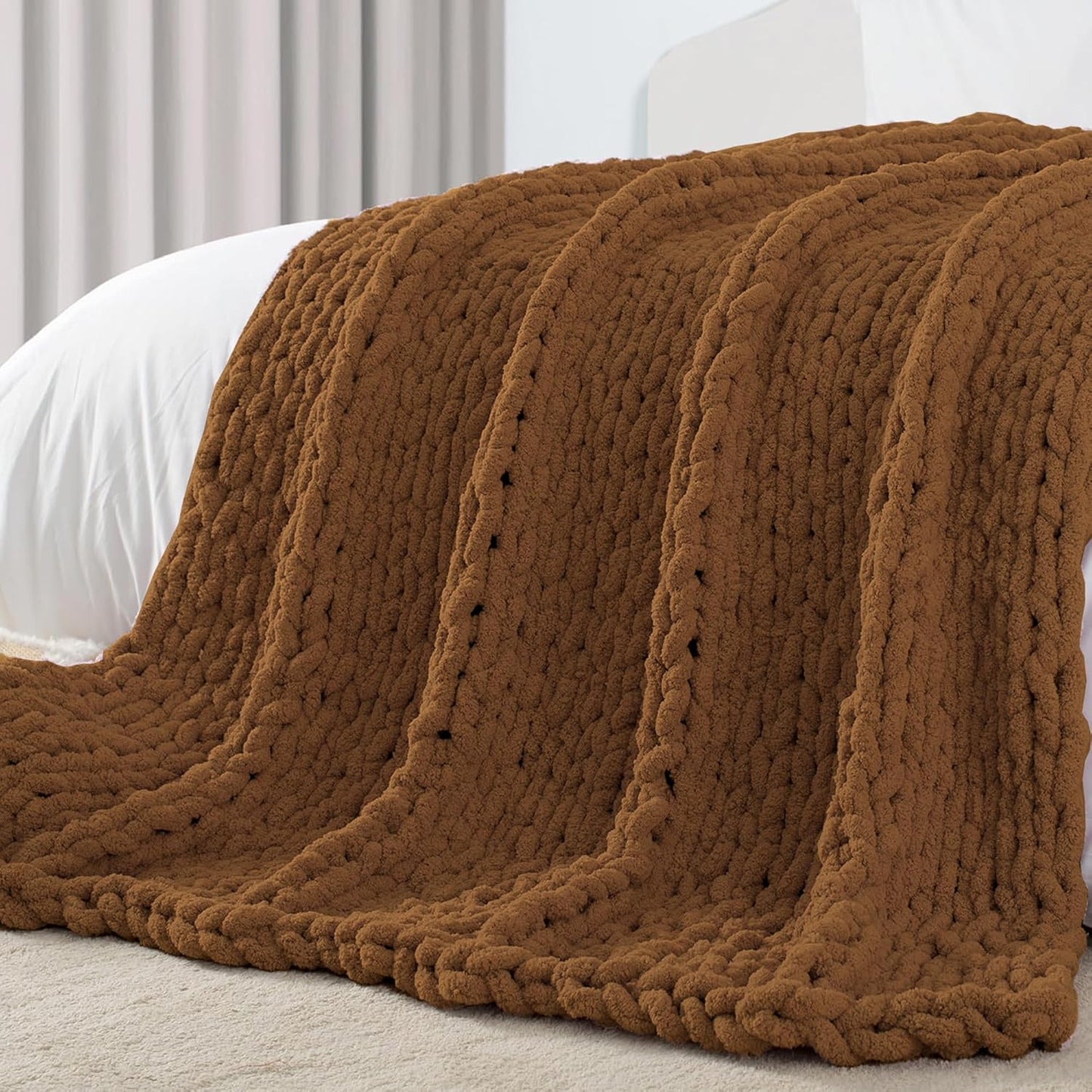 Carriediosa Chunky Knit Throw Blanket 50" X 60", 100% Hand Made Large Chenille Loop Yarn Soft Fluffy Throws for Couch Sofa Bed, Big Crochet Cozy Heavy Thick Cable Woven Blanket, Light Brown
