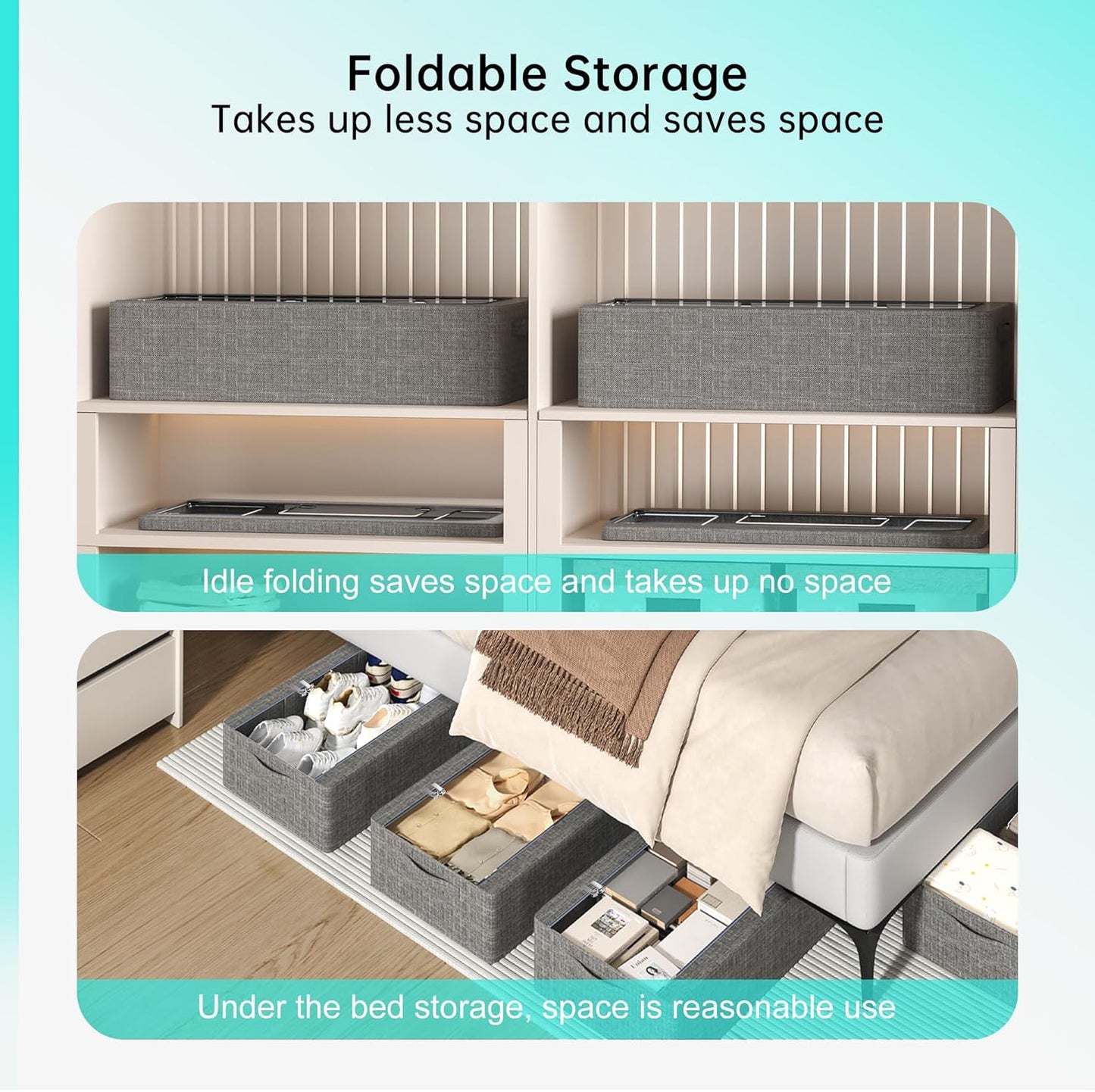 3PCS Under Bed Storage Bins with Metal Frame, Linen Fabric Frame Storage Box Clothes Organizer Bins, Underbed Container with Clear Window (Dark Grey, 23.6 x 13 x 6IN)