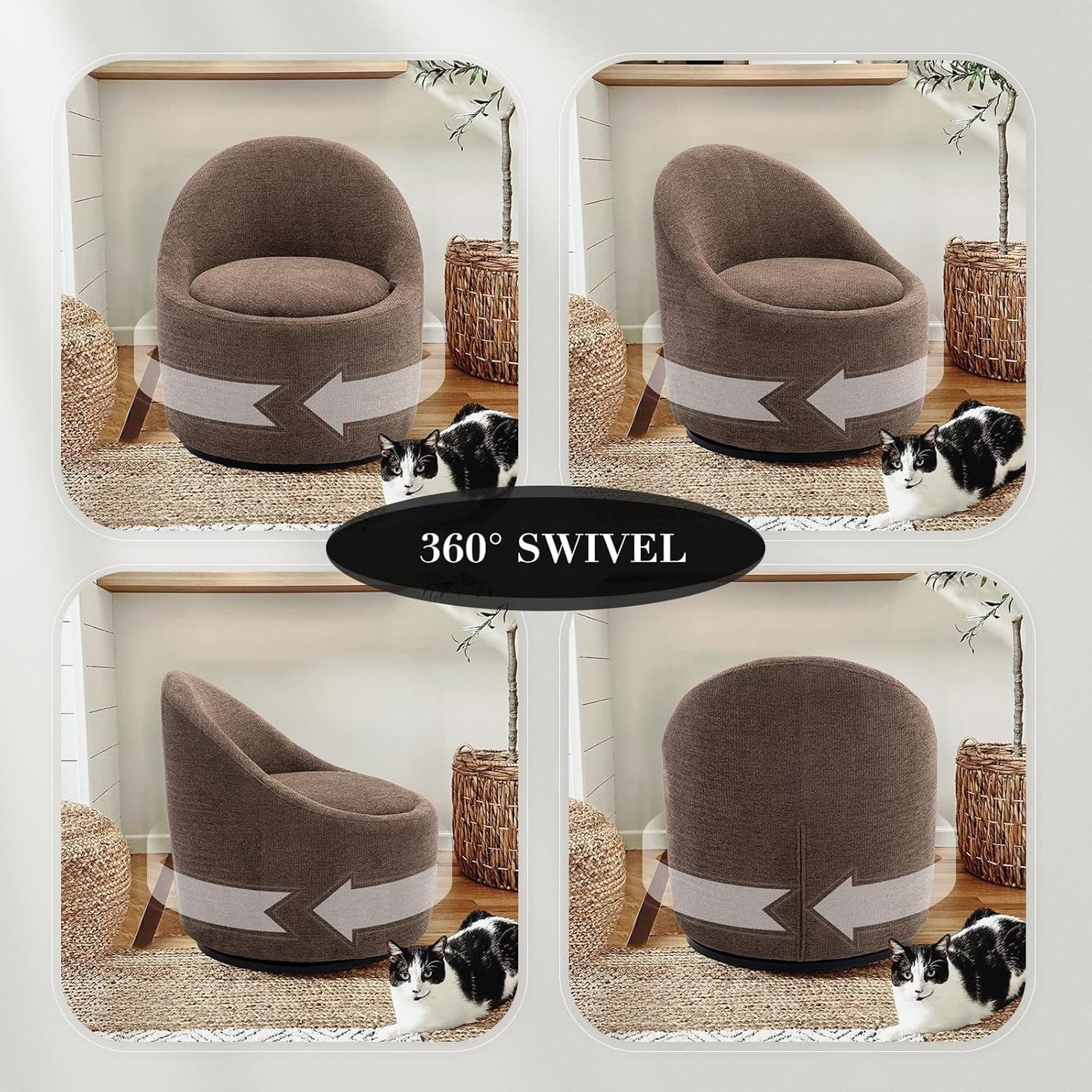 COLAMY Swivel Accent Chair, 360° Swivel Chair with Hidden Storage, Modern Small Barrel Swivel Armchair for Living Room/Bedroom, Brown