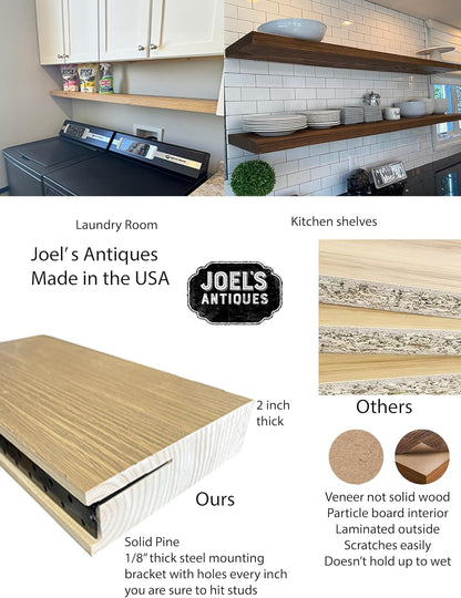 joelsantiques 72 Inch Wooden Floating Shelves for Wall - 72x12x2 in - Made of Natural Wood - Long Heavy Duty Wall Shelves for Bedroom - Perfect for Living Room, Kitchen - Black