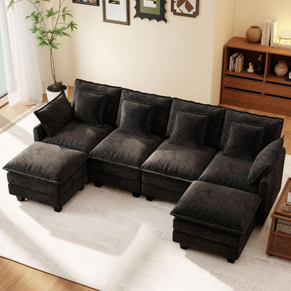Ihanherry 106" L Shaped Modular Sectional Cloud Sofa, Modern 6 Seat Chenille Couch with Ottoman for Living Room, Bedroom and Apartment, Black