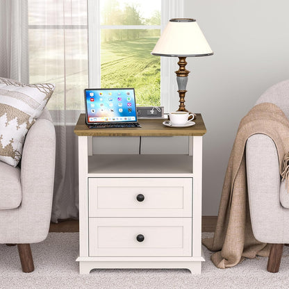 HIFYOBRO Large End Table Set of 2, Flip Top Charging Station and 2 Drawers, Type-C & USB Port & Power outlets, Wooden Storage Cabinet, Side Table with Storage for Living Room and Bedroom (White)