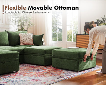 102.6" U Shaped Modular Sectional Sofa, 5 Seater Couch with Storage Ottoman Deep Seat and High Backrest with Removable Cover for Living Room, Apartment - Chenille Green
