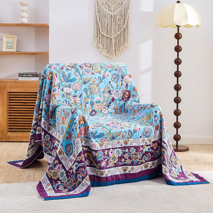 Fall Blanket for Bed, 100% Cotton Soft Rustic Boho Throw Blanket Quilt, 80"x90" Farmhouse Decor Bed Flower Blankets, Light Weight Reversible Bohemian Throw Quilt