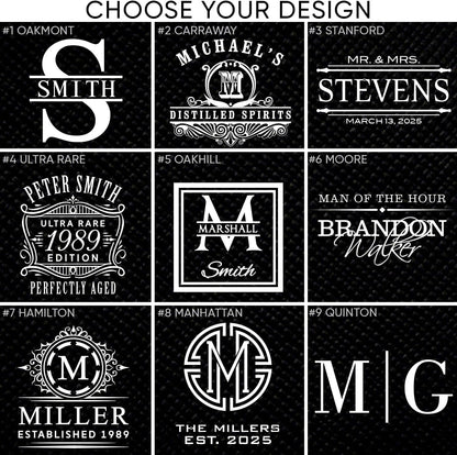 Personalized Whiskey Decanter Set with 4 Glasses and Custom Wood Box - 9 Design Options - Bourbon Glass Set