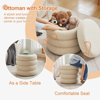 ONEVOG Round Storage Ottoman, 20" Small Ottomans Table with Removable Lid, Linen Fabric Soft Footrest Stools for Couch, Upholstered Stuffed Circle Seat for Living Room/Bedroom/Dorm/Vanity, Beige