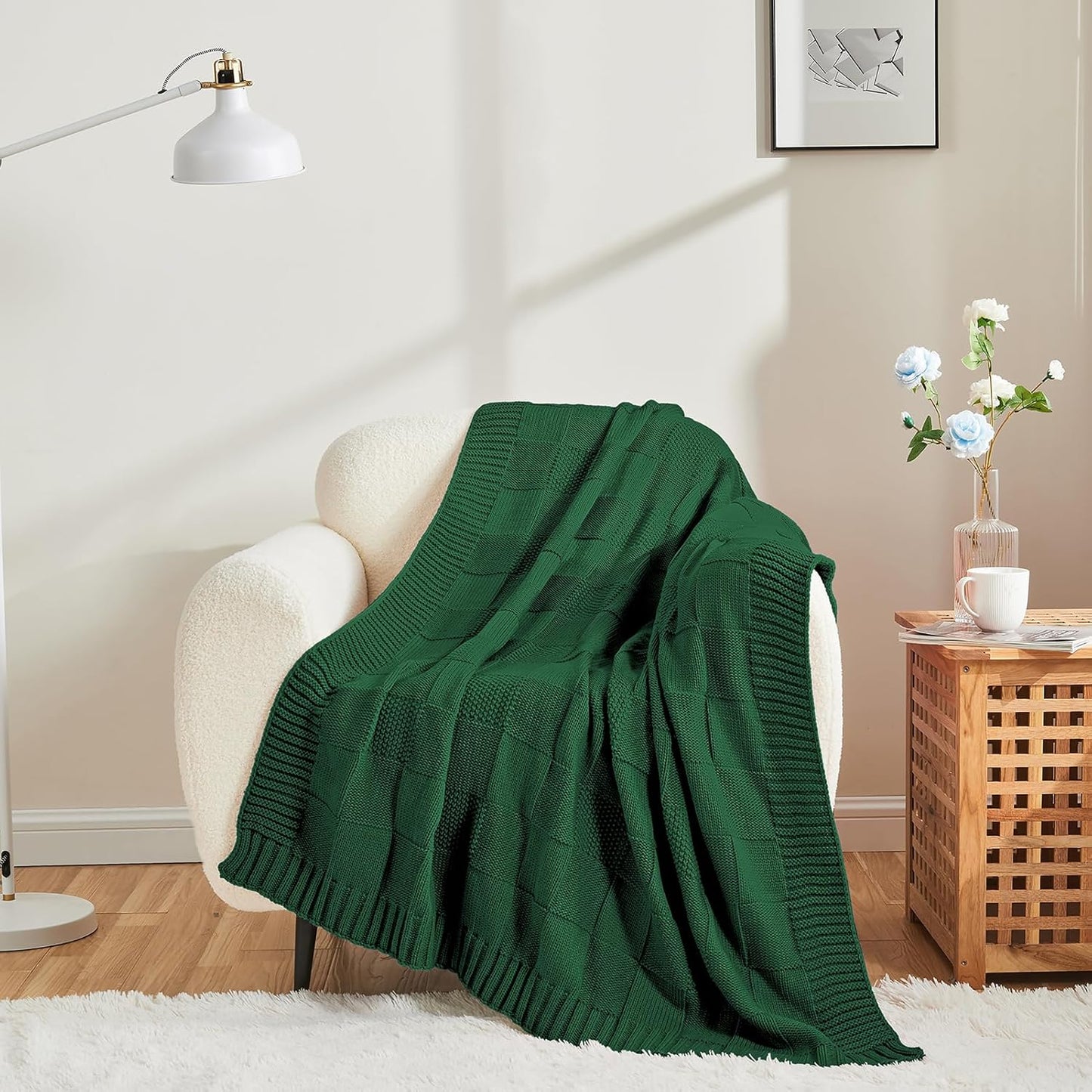 CozeCube Knit Throw Blanket, Green Checkered Throw for Couch, Soft Cozy Warm Knitted Blanket for Bed Sofa Living Room, 60"X80", Forest Green