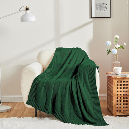 CozeCube Knit Throw Blanket, Green Checkered Throw for Couch, Soft Cozy Warm Knitted Blanket for Bed Sofa Living Room, 60"X80", Forest Green