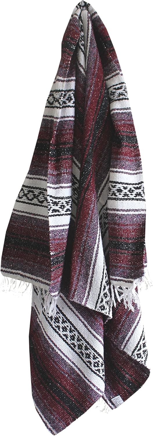 Del Mex Classic Mexican Blanket, Large Authentic Woven Falsa Throw (70"x50"), Artisan Southwest Décor for Beach, Yoga, Outdoors (Burgundy)