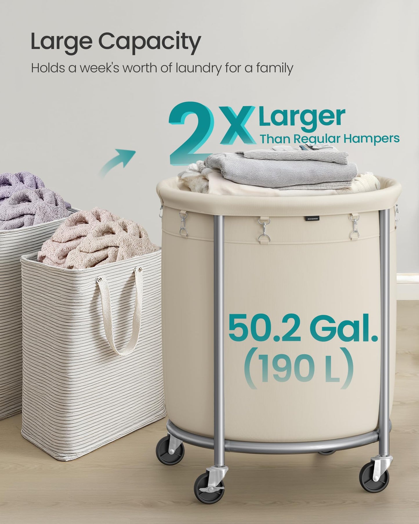 SONGMICS Laundry Basket, Rolling Steel Frame with 2 Locking Wheels, 190 L