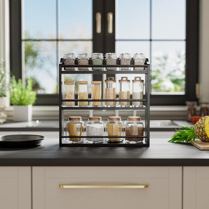 Bamboo Spice Rack Wall Mount or Tabletop Holder, 3-Tier Shelf for Seasoning Bottles Organizer, Medicine Holder (Black)