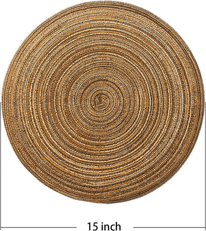 AHHFSMEI Round Braided Placemats Set of 6 Round Table Mats for Dining Tables Natural Woven Heat Resistant Place mats 15 Inch (Brown)