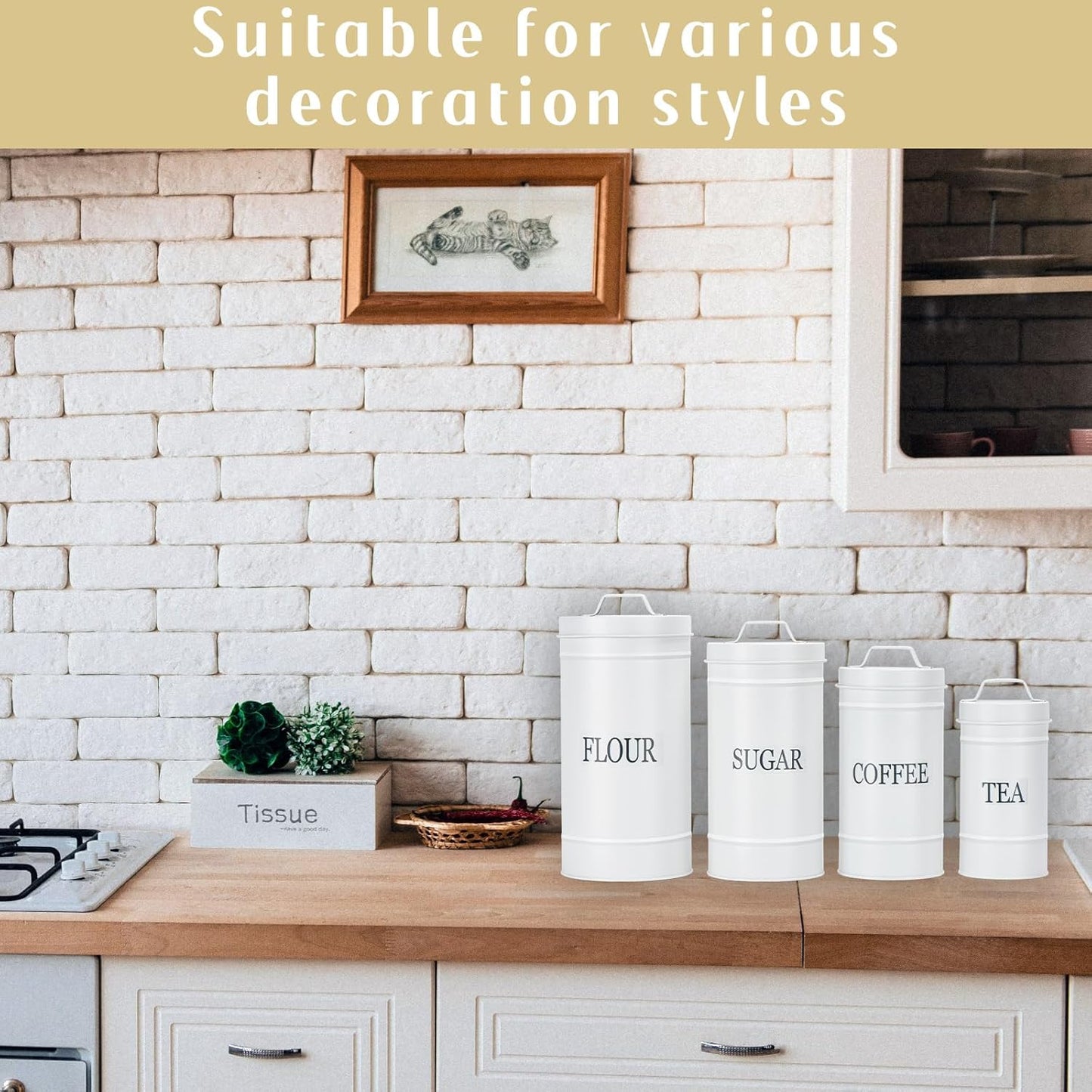 Farmhouse Canister Set for Kitchen Countertop, Airtight Nesting Kitchen Canisters Set of 4, Mental Flour Sugar Coffee Tea Storage Canister Jars, Vintage Country Design, White