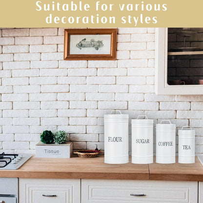 Farmhouse Canister Set for Kitchen Countertop, Airtight Nesting Kitchen Canisters Set of 4, Mental Flour Sugar Coffee Tea Storage Canister Jars, Vintage Country Design, White