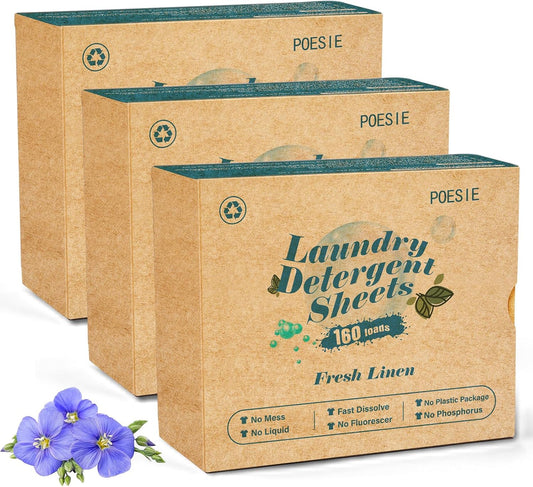 Poesie Laundry Detergent Sheets Fresh Linen Scent 3 Pack 480 Strips Plastic Free Fast Dissolve