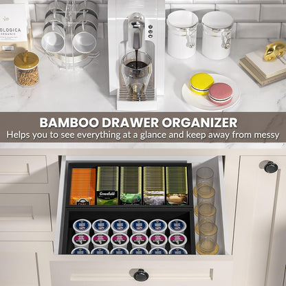 Kitchen Drawer Organizer Bins, Stackable Bamboo Drawer Organizer for Silverware, Coffee Pod Organizer K Cup Holder for Countertop, 2 Pcs Coffee Station Organizer Black 12" x 6" x 2.5"