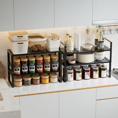 Expandable,Stackable Spice Rack,Seasoning Organizer and Storage,Spices Jar Racks for Cabinet,Countertop, Metal Pantry, Cupboard,Laundry Storages,Heavy Duty(2 Packs/Large/Black)