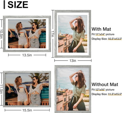 Vittanly 12x16 Picture Frames Set of 9, Shatter Resistant Plexiglass, Display 11x14 Pictures with Mat or 12x16 without Mat, Photo Frames for Wall Mount, Engineered Wood, Grey