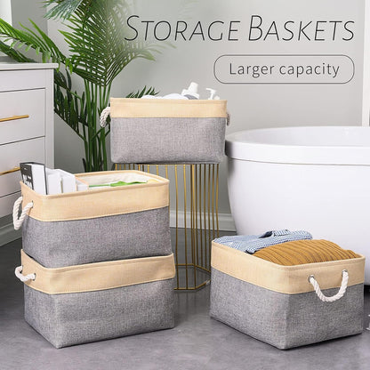 Organization and Storage Basket for Organizing - Large 4 Pack 16x12x8 inch Collapsible Baskets for Shelves Fabric Storage Cube, Storage Bins for Laundry Cloth Books Gift (Gold & Grey)