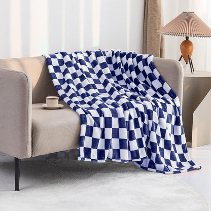 LOMAO Throw Blankets Flannel Blanket with Checkerboard Grid Pattern Soft Throw Blanket for Couch, Bed, Sofa Luxurious Warm and Cozy for All Seasons (Dark Blue, 50"x60")