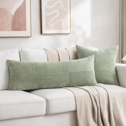 Fancy Homi Set of 2 Sage Green Boho Long Lumbar Body Decorative Throw Pillow Cover 14x36 Inch for Bed Couch Bedroom Bench, Soft Patchwork Corduroy Textured Pillow Case, Rustic Farmhouse Room Décor