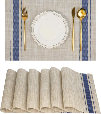 Placemats Set of 6，Non-Slip PVC Weave Table Mats Easy to Clean，Heat Resistant Place Mats for Kitchen Dining Table Decoration Indoor Outdoor，Khaki Blue